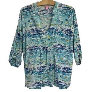 Lilly Pulitzer Blue Beach Scene Print Slub Cotton Roll Tab Tunic Top Womens M